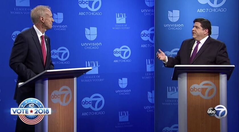 Gov. Bruce Rauner and challenger J.B. Pritzker participated in a televised debate Wednesday night put on by ABC 7 with the League of Women Voters. | ABC7 Chicago