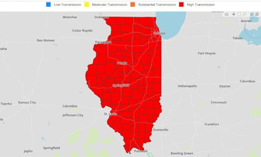 Map of U.S. Centers for Disease Control and Prevention’s coronavirus transmission rates in Illinois as of Tuesday.