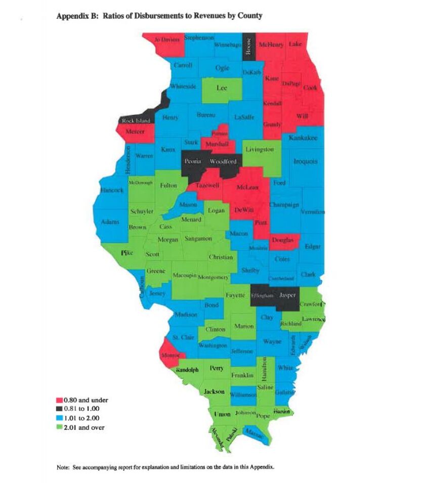 Researchers cautioned their picture of the comparison of how much counties pay into state government and how much they get back is “not perfect,” representing more of a “rough outline of a part of state collections and disbursements.” Provided by Senate D