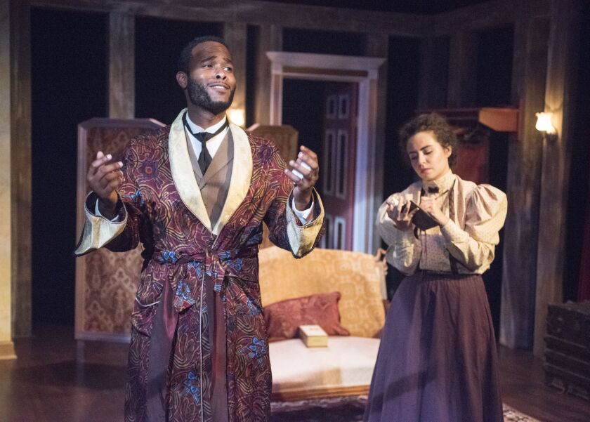 Brandon Greenhouse plays actor Ira Aldridge and Sophia Menendian plays a young Polish journlaist in “REd Velvet,” at Raven Theatre. (Photo: Dean La Prairie)