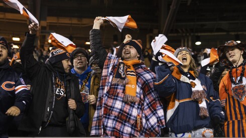Fans cheer as the Chicago Bears take on the Green Bay Packers in an NFC wild-card game at Soldier Field, Saturday, Jan. 10, 2026.