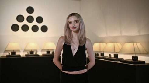 Lamp and furniture artist and art collector Arina Erdélyi poses for a portrait inside Volume Gallery during the Chicago Exhibition Week.
