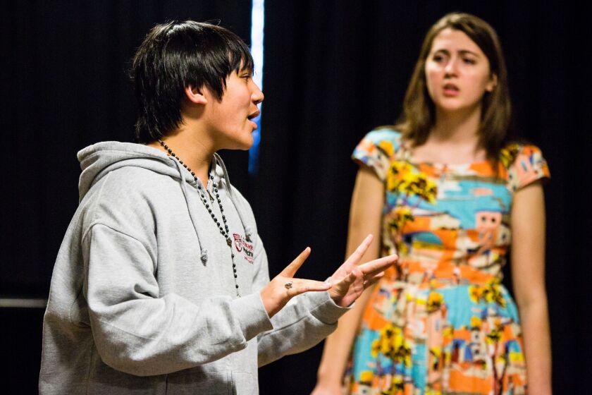 Ethan Radaza rehearses “The Marriage of Figaro” with fellow student Sarah Stevenson at The Chicago Academy for the Arts. | James Foster/For the Sun-Times