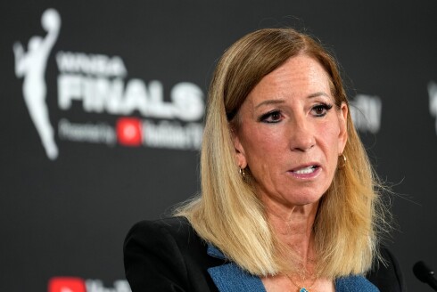 WNBA commissioner Cathy Engelbert, shown in a 2025 file photo, speaks prior to Game 1 of a WNBA basketball final playoff series between the Las Vegas Aces and the Phoenix Mercury, Oct. 3, 2025, in Las Vegas.