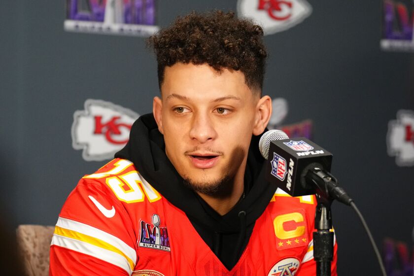Chiefs quarterback Patrick Mahomes speaking to the media Tuesday ahead of Super Bowl LVIII.