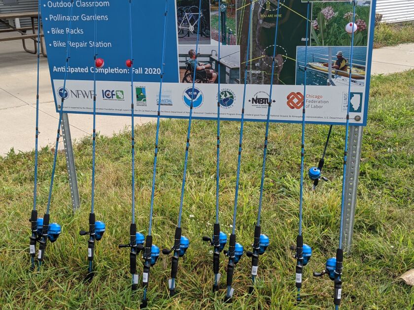 Some of the fishing rods, strung by Chicago firefighters, for kids at Chicago Outdoor Family Day last weekend. Credit: Dale Bowman