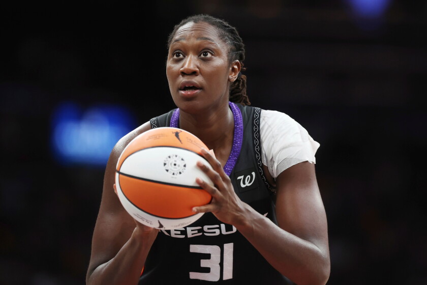 The Connecticut Sun's Tina Charles plays against the Indiana Fever on July 15, 2025, in Boston.