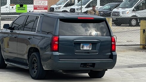 A vehicle driven by Department of Homeland Security officers as part of a federal immigration enforcement “blitz” had digits blacked out on its rear Illinois license plate — an apparent violation of state law. It also was missing its front Illinois plate as it entered the federal immigration processing center in suburban Broadview on October 10.