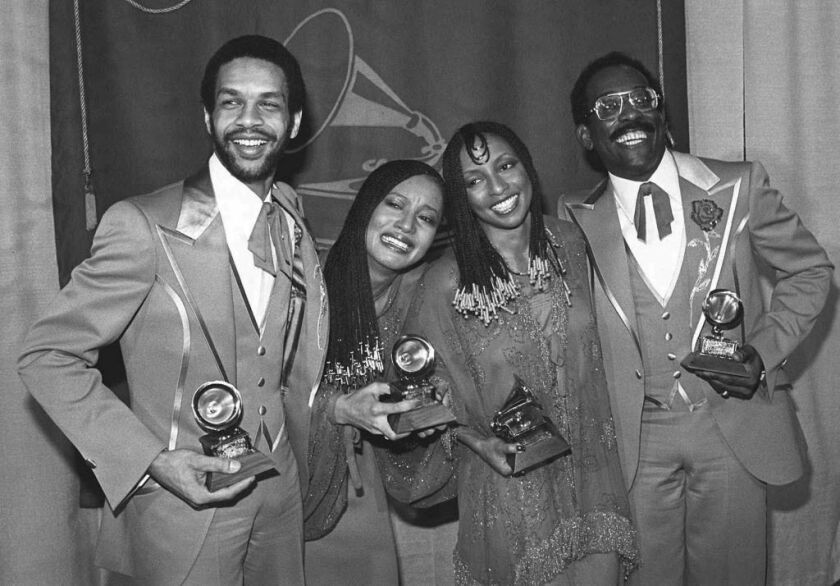 In this Feb. 16, 1979 file photo, members of the group Taste of Honey, Perry Kibble (from left), Janice Johnson, Hazel Payne and Donald Johnson, hold their Grammy awards for best new artist during the award show in Los Angeles. The group beat other nomine
