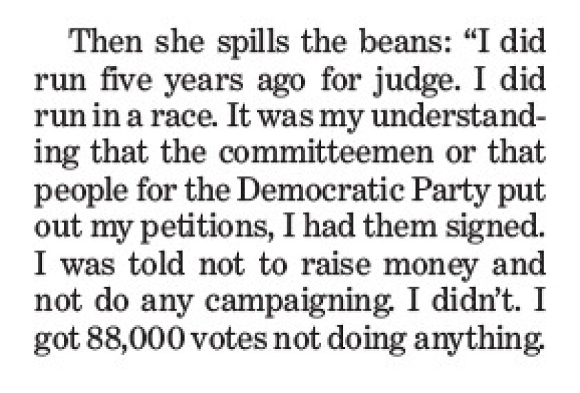 Attorney Barbara Bailey in the Sept. 20, 2009, Sun-Times admitting she’d previously been a sham candidate for judge. Her honesty wasn’t rewarded.