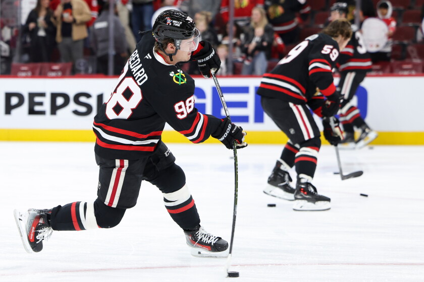 Blackhawks center Connor Bedard warms up before the game Friday against the Canadiens at the United Center.