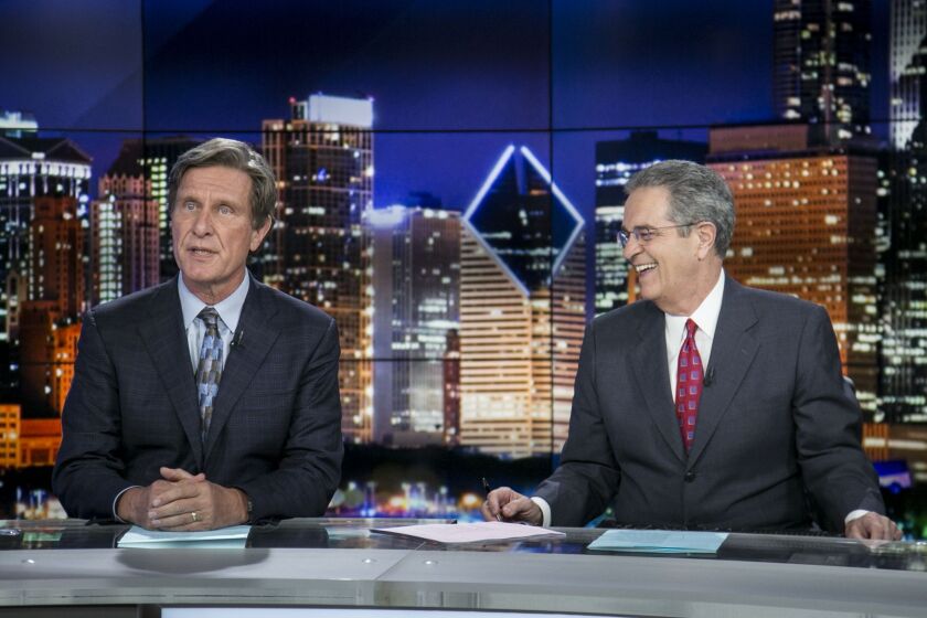 Paul Meincke (left) at ABC7 for anchor Ron Magers last broadcast on May 25, 2016. | Ashlee Rezin/Sun-Times