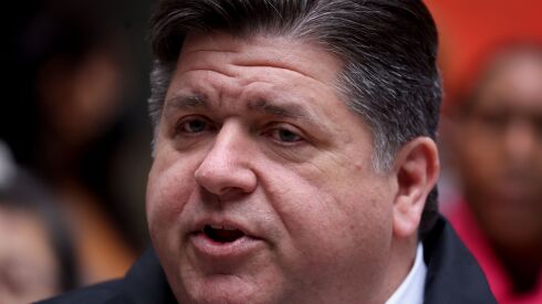 Illinois Gov. J.B. Pritzker speaks during a rally at Federal Building Plaza on April 27, 2022.