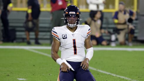 A photo of Bears quarterback Justin Fields reacting to a play in Sunday’s loss to the Packers.