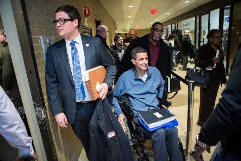 Aldermen Nicholas Sposato and Howard Brookins Jr. in line on the first day of the filing period for Municipal Elections, Monday, November 19th, 2018. | James Foster/For the Sun-Times