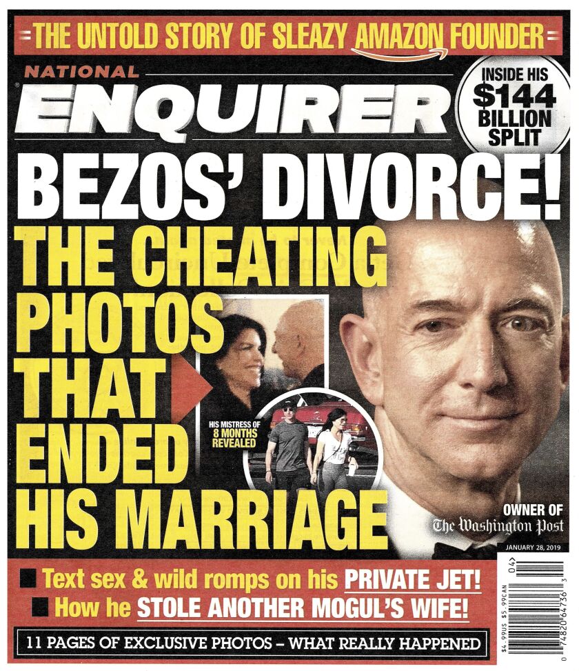 Front page of the Jan. 28, 2019, edition of the National Enquirer, featuring a story about Amazon founder and CEO Jeff Bezos’ divorce. | National Enquirer via AP
