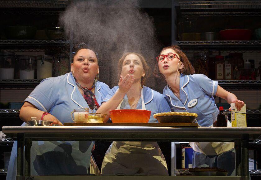 Keala Settle (from left) Jessie Mueller and Kimiko Glenn share the stage with real pies during a performance of “Waitress,” at the Brooks Atkinson Theatre in New York. (Joan Marcus/Boneau/Bryan-Brown via AP)