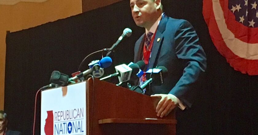 State Rep. John Cabello, addresses an Illinois Republican Party breakfast at the 2016 Republican National Convention.