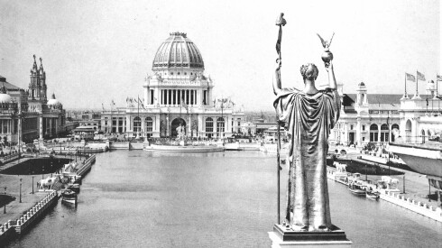 A black-and-white image of the original Statue of the Republic from the 1893 World’s Fair.