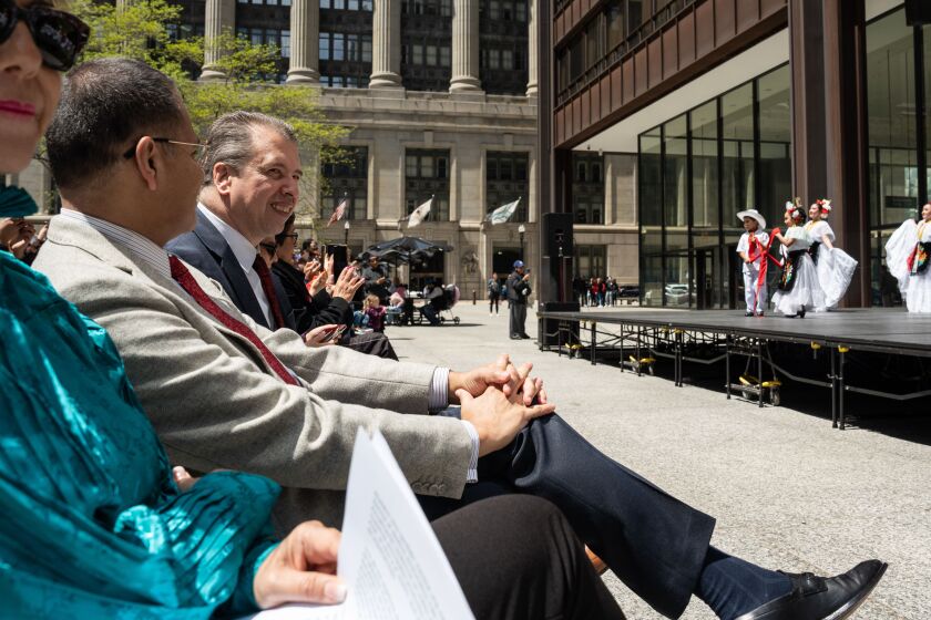 Chicago Public Schools CEO Pedro Martinez smiles while watching members of Toui Ballet Folklorico from the Richard Edwards Elementary School perform during a celebration of Mexico Week at Daley Plaza in the Loop, Tuesday, May 9, 2023. | Pat Nabong/Sun-Times