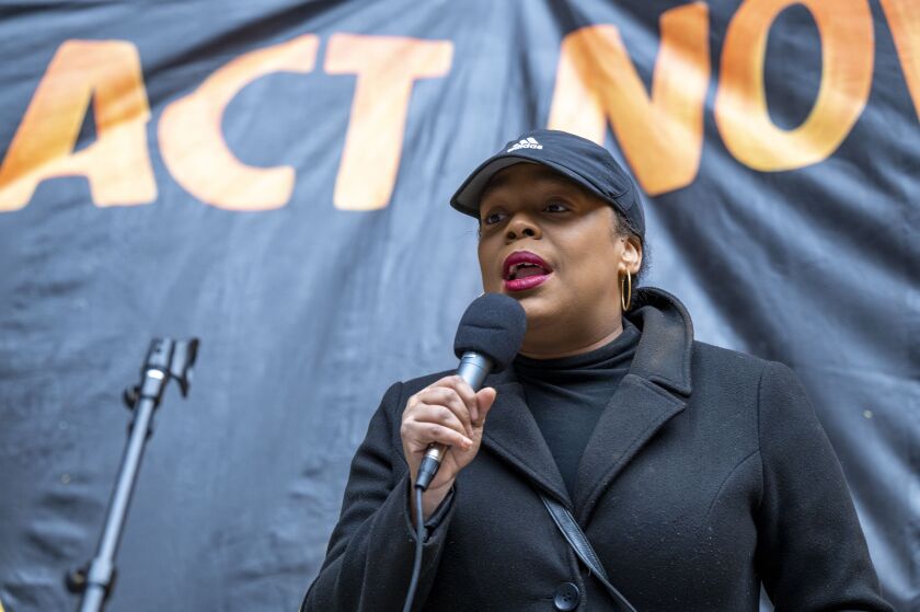 Among the speakers at Federal Plaza was Kina Collins, a candidate for Congress, who is running against incumbent U.S. Rep. Danny K. Davis in the Democratic primary.