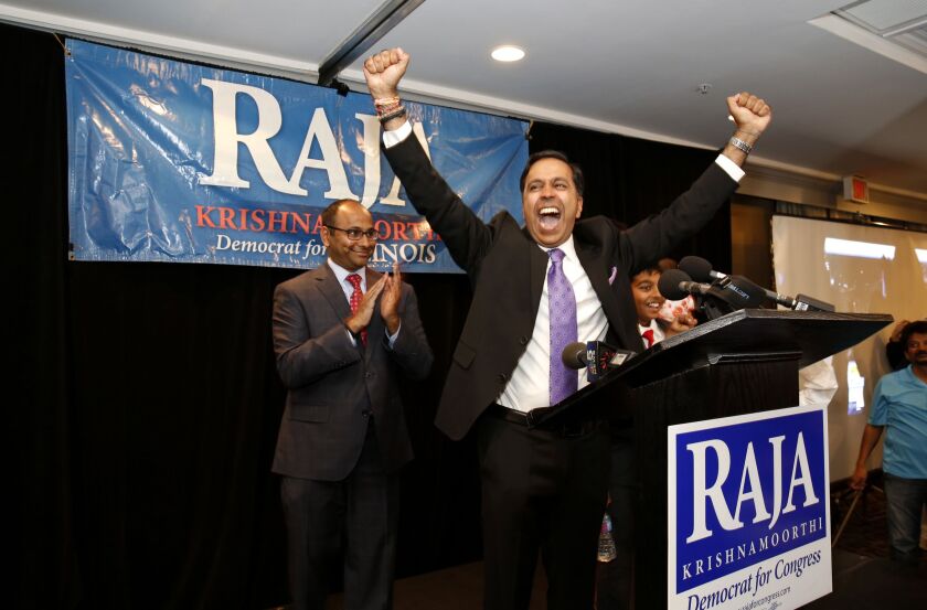 Raja Krishnamoorthi is shown at his victory party on election night in Schaumburg. He won the U.S. House seat being vacated by Tammy Duckworth, who was elected to the U.S. Senate. | Daniel White/Daily Herald, distributed by the Associated Press