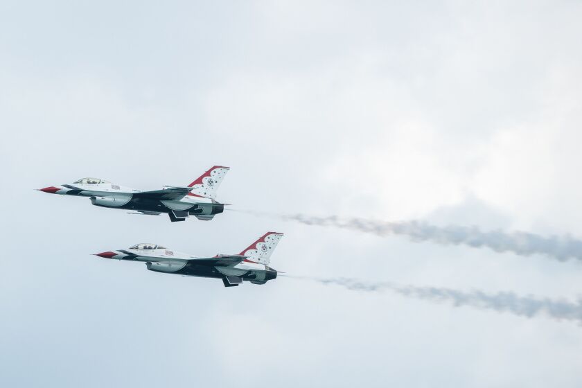 U.S. Air Force F-16 Fight Falcons with the Thunderbirds air demonstration squadron practice Thursday for the 2023 Chicago Air & Water Show.