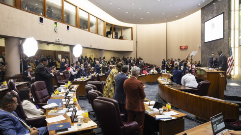 Some alderpeople give a standing ovation after Mayor Brandon Johnson presented his budget for the 2026 fiscal year at a Chicago City Council meeting at City Hall on Thursday, Oct. 16, 2025.