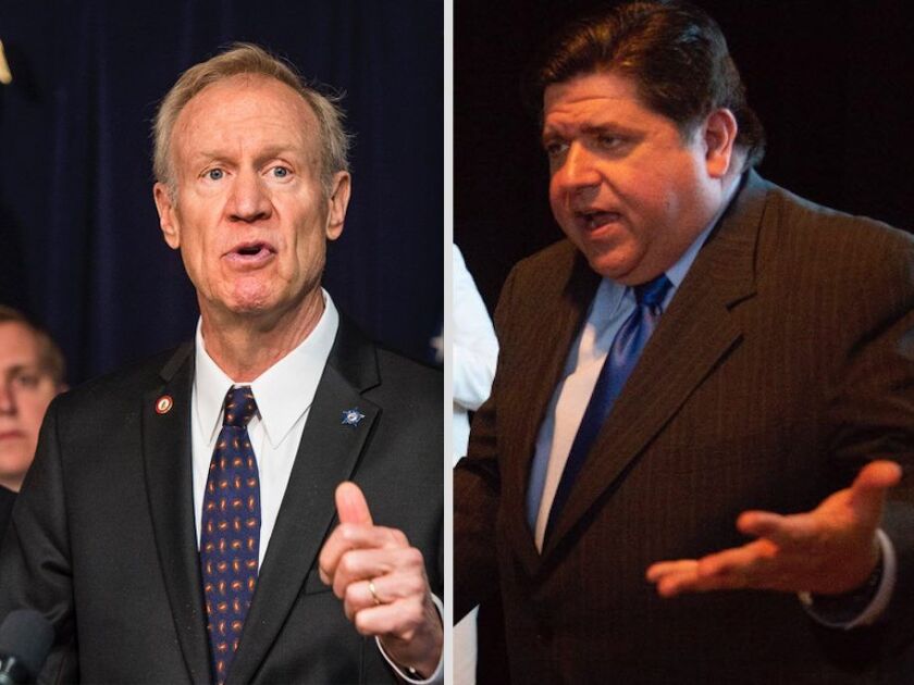 Gov. Bruce Rauner, left, speaks to reporters in June. File Photo. | Tyler LaRiviere/Sun-Times; Democrat J.B. Pritzker, right, at a campaign stop in July. File Photo. | Jane Recker/For the Sun-Times