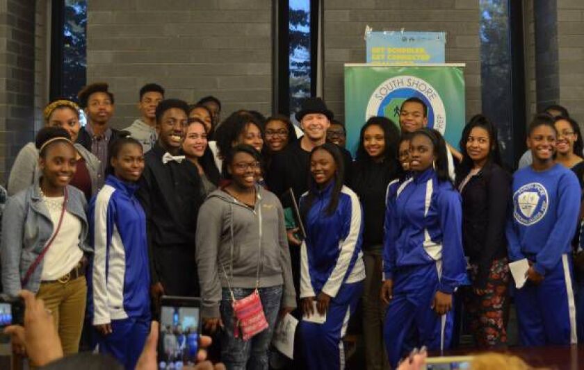 Donnie Wahlberg with students at South Shore International College Prep High School in South Shore. | Jessica Wenck / Sun-Times