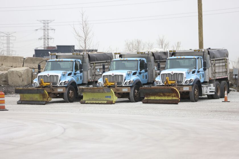 Parked snow plows, Monday, Nov. 29, 2021 at the Salt Dome at 2555 W. Grand Ave in West Town. | Anthony Vazquez/Sun-Times