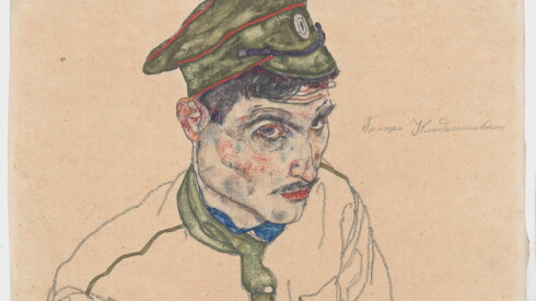 “Russian War Prisoner” by Egon Schiele is a watercolor painting with shades of green, blue and red on a pencil drawing.