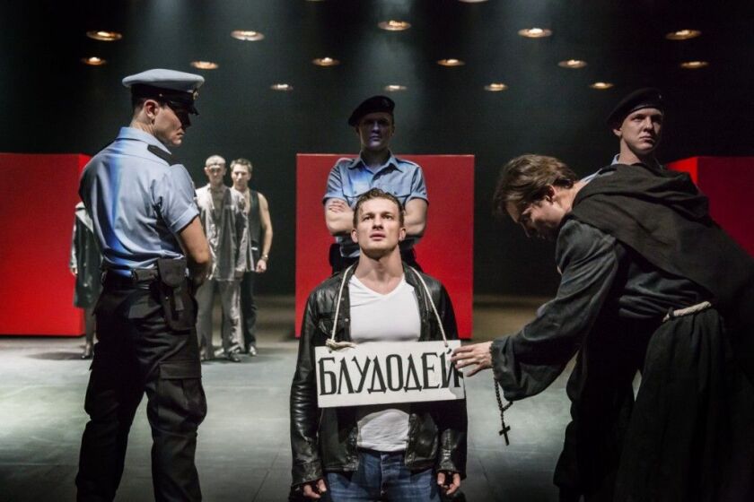 Alexander Matrosov, Peter Rykov and Alexander Arsentyev in the Cheek by Jowl/Puskin Theatre production of Measure for Measure directed by Declan Donnellan, featured at Chicago Shakespeare Theater as part of Shakespeare 400 Chicago. (Photo: Johan Persson)