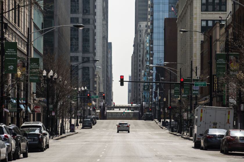 A quiet downtown Chicago in March 2020, during the second week of a stay-home order near the beginning of the coronavirus pandemic.