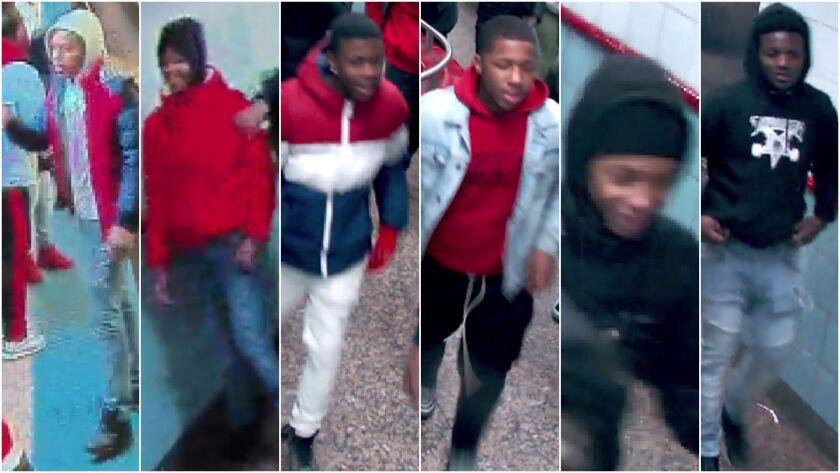 Surveillance photos of the suspects who attacked people Saturday evening at the Chicago Red Line stop. | Chicago police