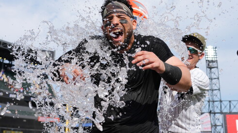 Edgar Quero is congratulated by teammate Colson Montgomery after his walkoff home run Sunday to beat the Cubs.