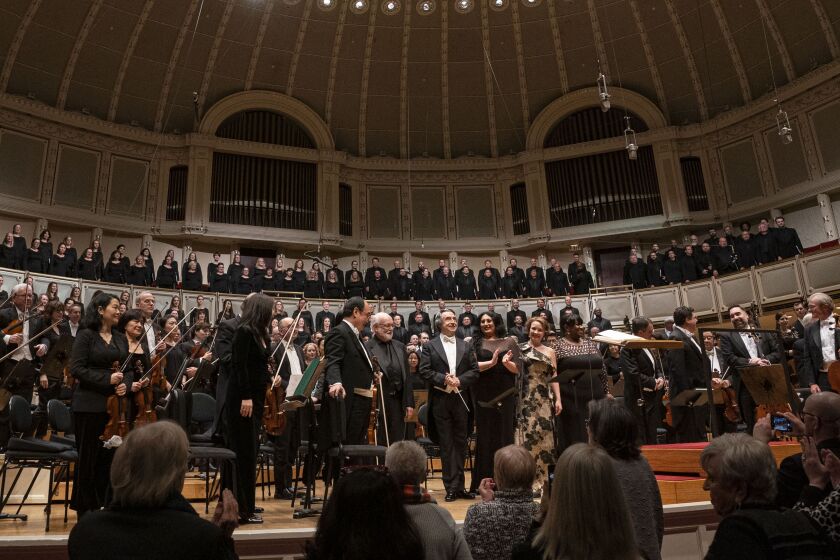 Music Director Riccardo Muti (center), Chorus Director Duain Wolfe, the cast of soloists, and the Chicago Symphony Orchestra and Chorus bow after performing Cavalleria rusticana at Symphony Center on February 6, 2020. 