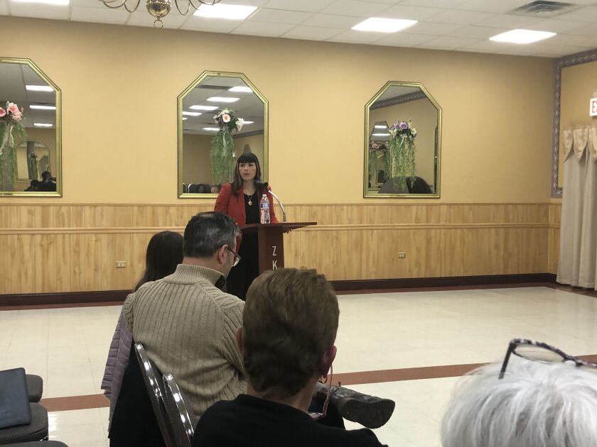 Eva-Dina Delgado addresses a group of Democratic Ward committeemen Friday.