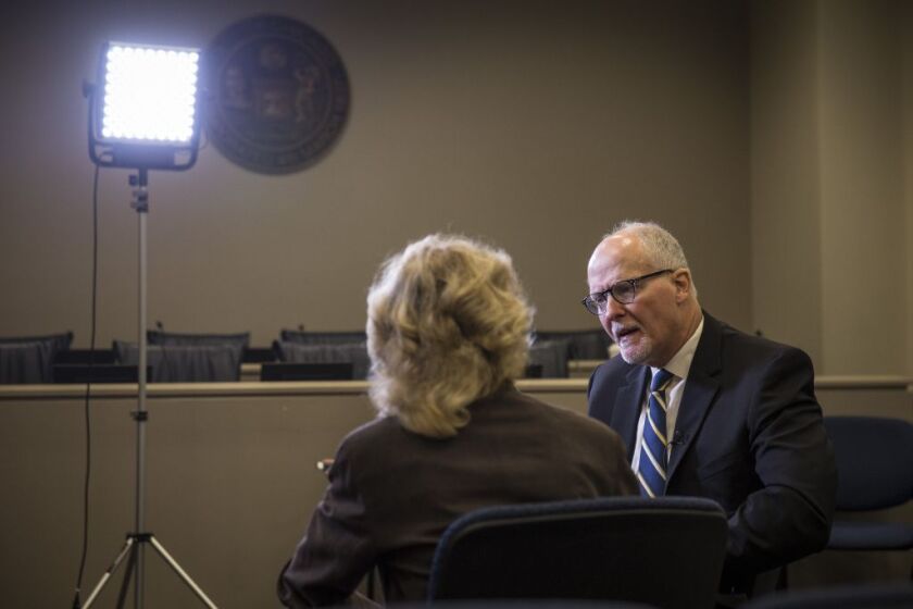 Mayoral candidate Paul Vallas is interviewed by Sun-Times reporter Fran Spielman at City Hall Friday, Aug. 17, 2018. | Rich Hein/Sun-Times