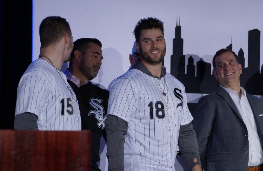 (From left) Adam Engel, Ozzie Guillen, Daniel Palka, Rick Hahn.