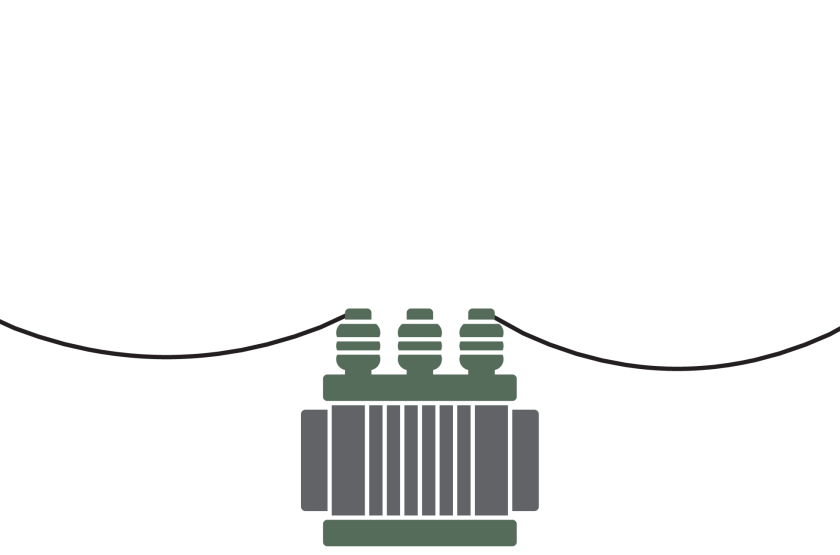 An illustration of a large electrical transformer with cables stretching past the left and right edges of the image, similar to that in the gallery’s second image.