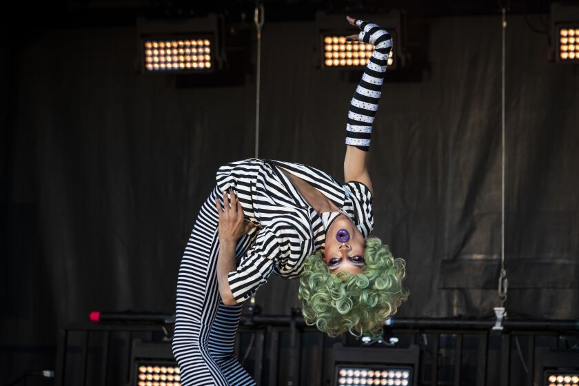 Yvie Oddly, winner of the eleventh season of RuPaul’s Drag Race, performs during Drive ‘N Drag presented by Voss Events at Soldier Field, Friday night, Aug. 7, 2020.