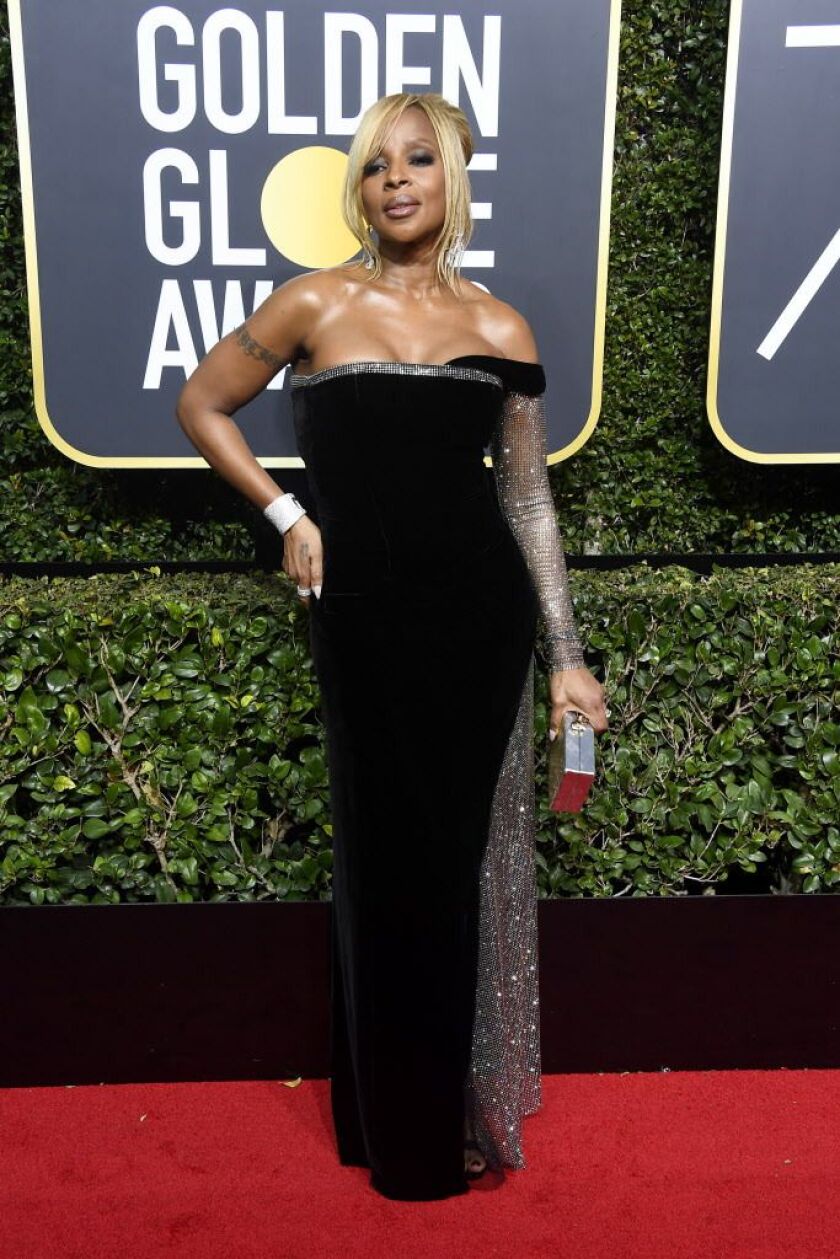 Dressed in a black and silver-accented Alberta Ferretti gown, singer Mary J. Blige — nominated for Best Performance by an Actress in a Supporting Role in any Motion Picture (“Mudbound”) — attends The 75th Annual Golden Globe Awards on January 7, 2018 in B