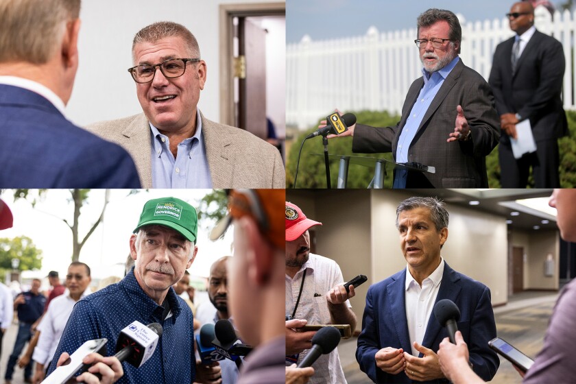 Clockwise from top left: Illinois Republican primary candidates for governor Darren Bailey, Rick Heidner, Ted Dabrowski and James Mendrick.