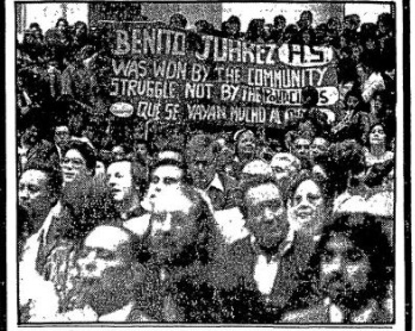 Crowd celebrating opening of Benito Juarez High School on Sept. 16, 1977.