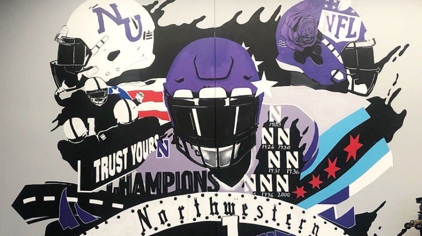 A mural inside the Northwestern players’ lounge in Evanston, painted by Dwight White II in 2019.