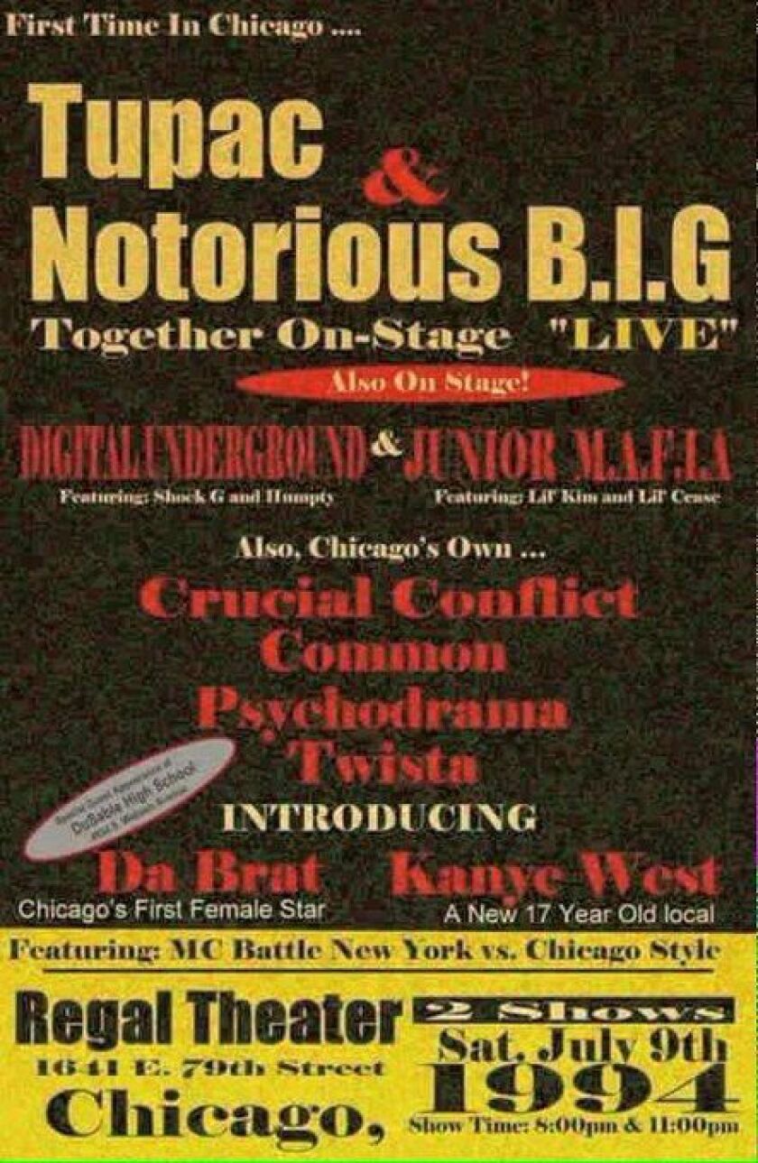 A promotional flyer for a show at the then-New Regal Theater from 1994 featuring a young Kanye West. Courtesy of Jerald Gary