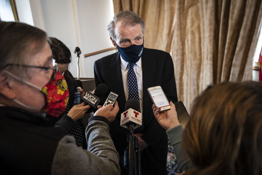 Illinois’ former Speaker of the House Mike Madigan speaks to reporters Sunday after choosing Edward Guerra Kodatt as his replacement as state representative in the 22nd House District seat, a position held by Madigan since 1971.