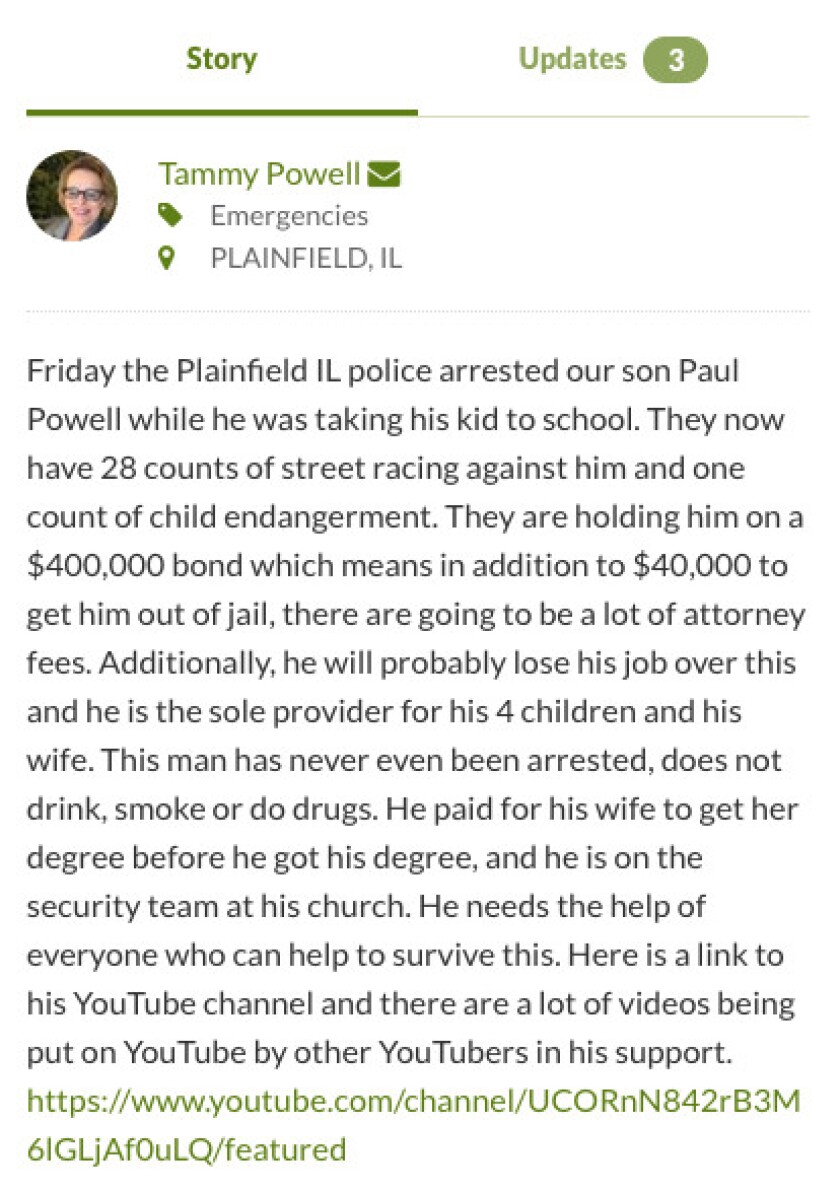 The GoFundMe description for one of the men accused of street racing. | GoFundMe