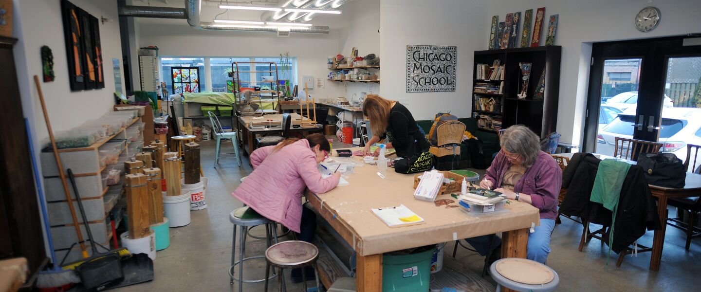 Students and teachers at a workshop at the Chicago Mosaic School.